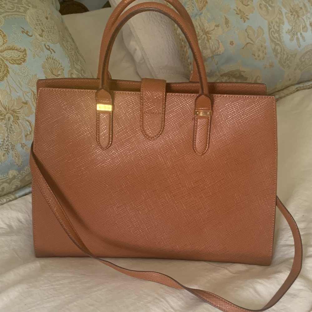 Ralph Lauren Cognac Textured Leather Satchel with Gold RL Medallion - Picture 3 of 16